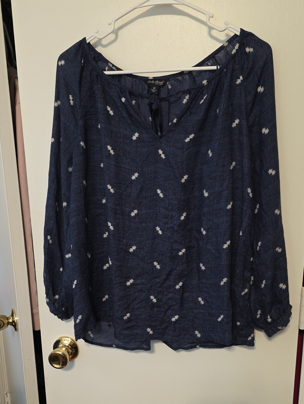 Lucky Brand Navy Blue Peasant Blouse with White Dot Motif